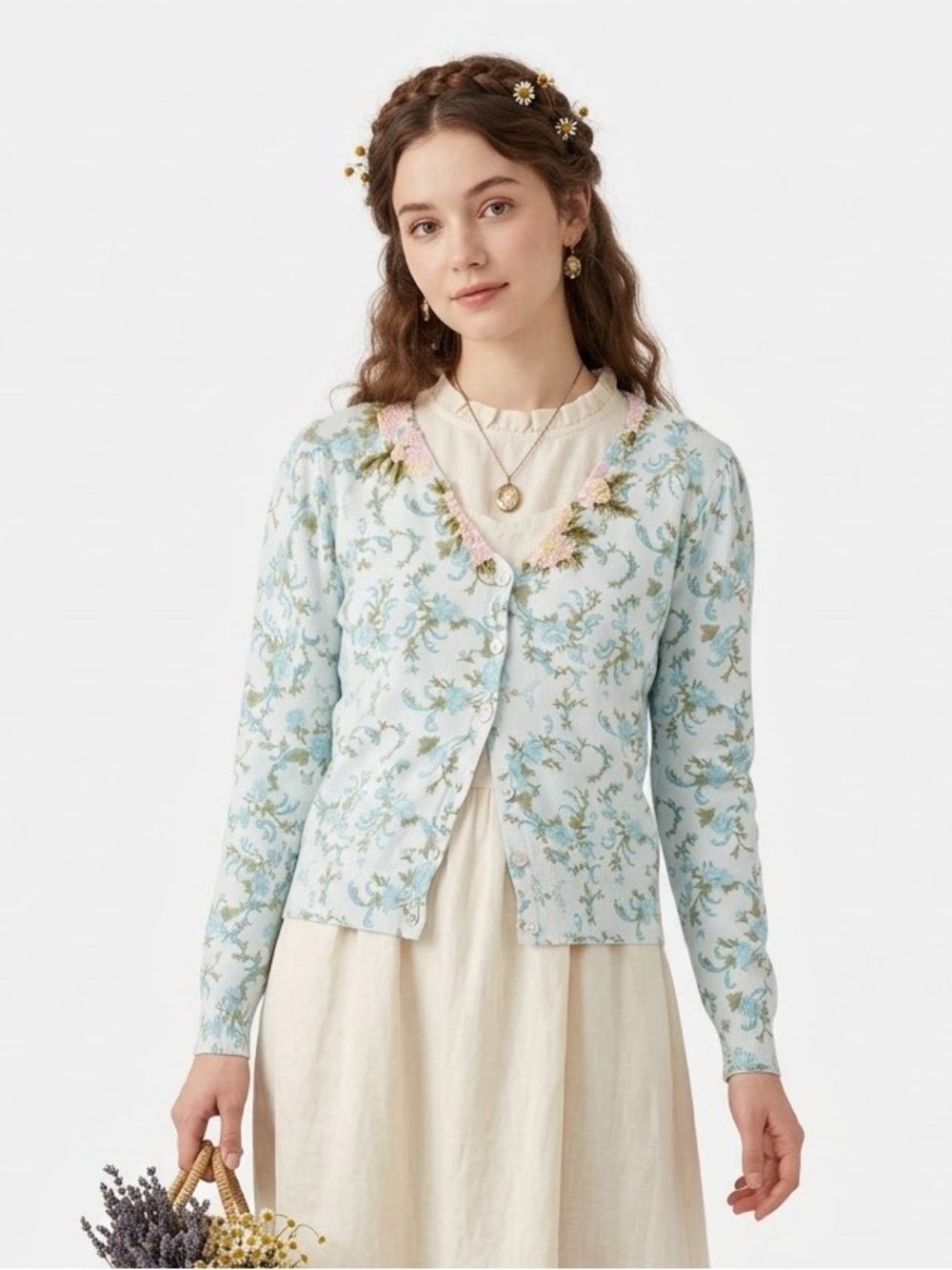 Boho Fairycore Floral Sequin Beaded Cardigan Whimsical Feminine Garden Earthy